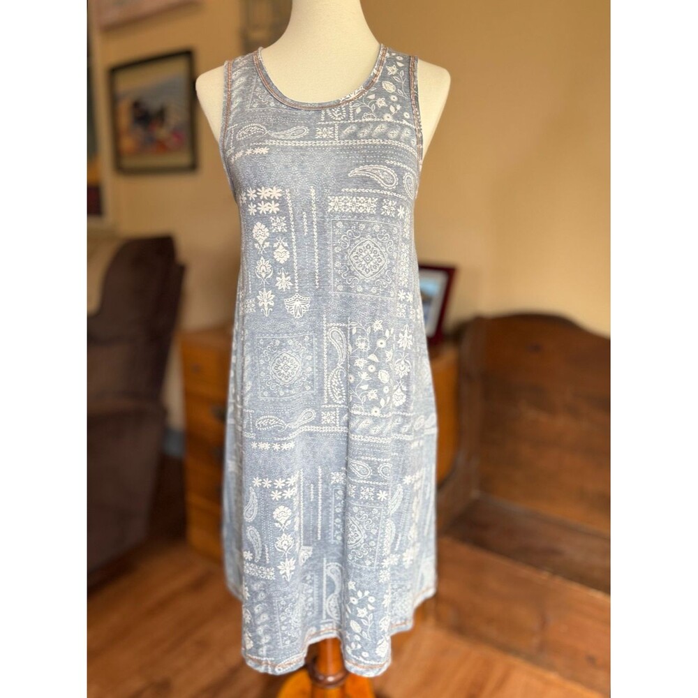 Hem & Thread Blue and White Paisley Tank Dress with Racer Back sz MED - Picture 2 of 6